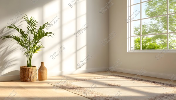 An image of a bright and simple room featuring a plant in a wicker pot and a patterned rug on a light wooden floor. The photo shows a large window through which sunlight streams in, casting shadows on the wall and floor.