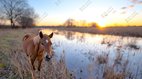 A brown horse stands next to a stream of water in a grassy field during sunset. The sky shows shades of orange and blue on the horizon, with the water clearly reflecting warm colors. In the background, some leafless trees can be seen.