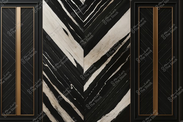 The image shows a wall design featuring black and white wavy lines arranged symmetrically in a V shape. On the sides, there are four doors with a black frame and gold handles, adding a luxurious and modern touch to the interior design.