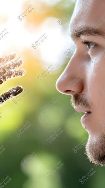 Image of a man looking at a robotic hand with a blurred green background. The robotic hand appears to have a slight glow around it. The image highlights the interaction between humans and technology.