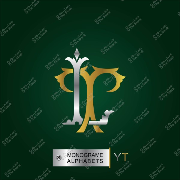 Decorative design of a monogram combining the letters "YT" with silver and gold embellishments on a dark green background.