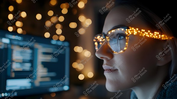 Image of a woman wearing glasses adorned with glowing lights. She appears focused, looking at a computer screen displaying code. The background features golden bokeh lights, creating a warm and mysterious atmosphere.