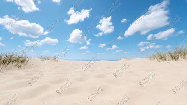 A natural landscape showing desert sand stretching under a blue sky with scattered white clouds. Sparse grass grows randomly on the sand dunes. The sky dominates the scene, enhancing a sense of calm and openness.
