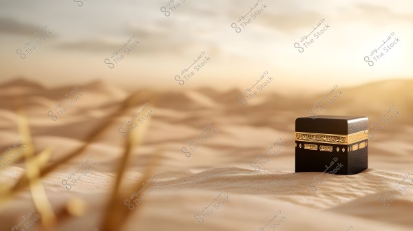 An image of a small model of the Kaaba in black and gold placed on sand in a desert setting. The sun is setting on the horizon, casting a soft golden light on the scene.