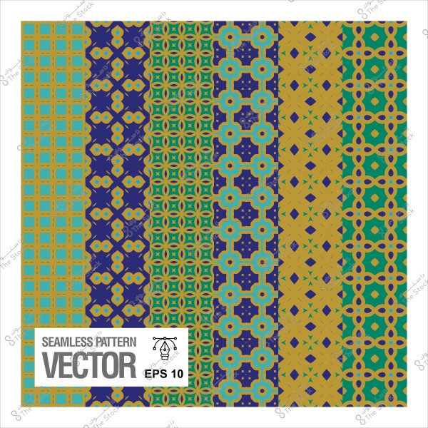 مجموعة من الأنماط الهندسية الملونة بشكل متكرر في صورة واحدة.