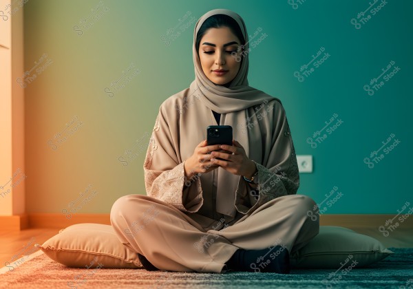 A portrait of a woman sitting on a beige carpet, cushioned by a pillow. She is wearing a light brown abaya with intricate embroidery and a matching hijab. The woman is intently using a smartphone. The background features a wall blended with green and blue tones. The attire suggests a potential Middle Eastern influence, such as Saudi culture.