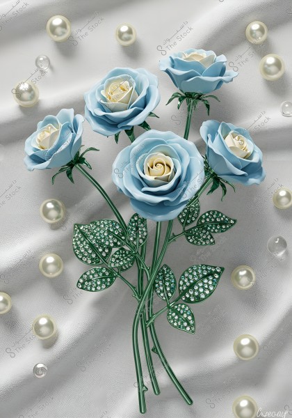 An image of a bouquet of light blue roses with creamy centers and green leaves adorned with sparkling stones. The background features textured white fabric scattered with white pearls.