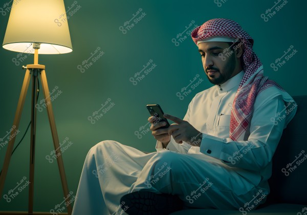 A portrait of a man sitting on a couch wearing a white thobe with a red and white checkered shemagh, holding a smartphone in his hands. The lighting is dim and the atmosphere appears calm, with a floor lamp next to him casting a warm light in the room.