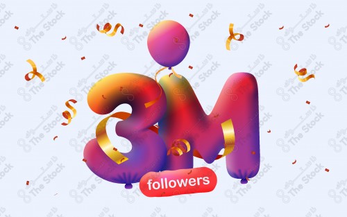 Banner with 3M followers thank you in form of 3d red balloons and colorful confetti. Vector illustration 3d numbers for symbolizing the colors of Instagram, to express thanks to the followers