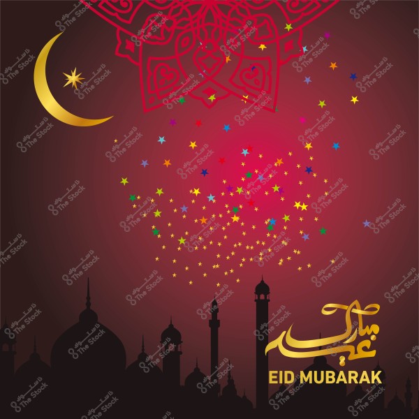 Eid Mubarak greeting design featuring a golden crescent moon with colorful stars and Islamic patterns, on a red and black background with mosque silhouettes.