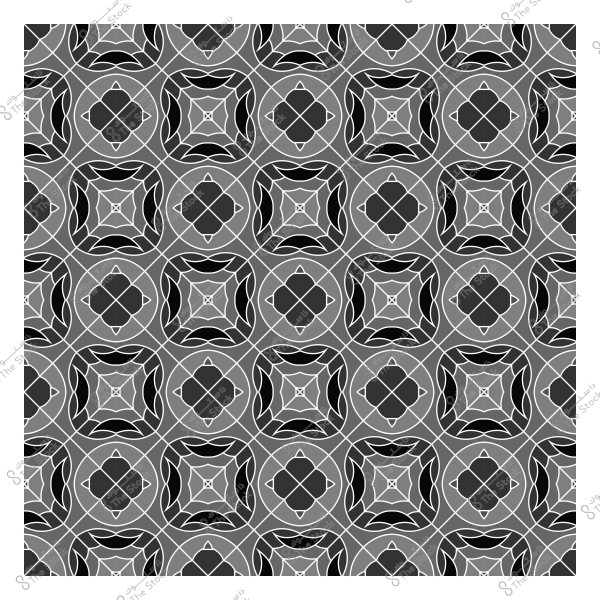 Geometric pattern in gray and black with interlocking circular and square shapes.
