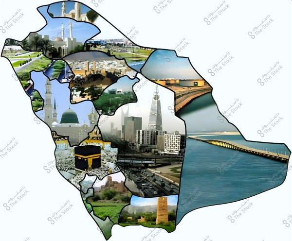 Image of a map of Saudi Arabia containing multiple images of prominent landmarks. The landmarks include the Prophet\'s Mosque, the Kaaba in Mecca, the Kingdom Tower, and a bridge crossing the sea. The scenery varies from deserts to modern cities and coastal areas.