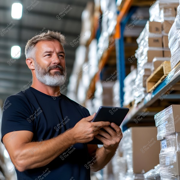 A man standing in a warehouse filled with neatly arranged shelves stacked with boxes and wrapped items. He is holding a tablet and appears to be checking the goods or taking notes. The man is wearing a black short-sleeved shirt and shows a thoughtful expression while browsing the data.