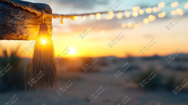 The image shows a lit lantern hanging from a rope attached to a piece of wood, illuminating the foreground. In the background, a desert scene with scattered shrubs is visible under the soft light of sunset, with a strand of fairy lights twinkling in the distance.