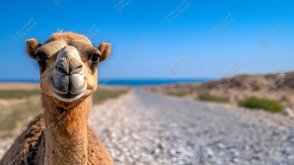 Image of a camel standing in the middle of an unpaved desert road under a clear blue sky. In the background, there is a beach and open landscape reflecting the colors of the desert environment.