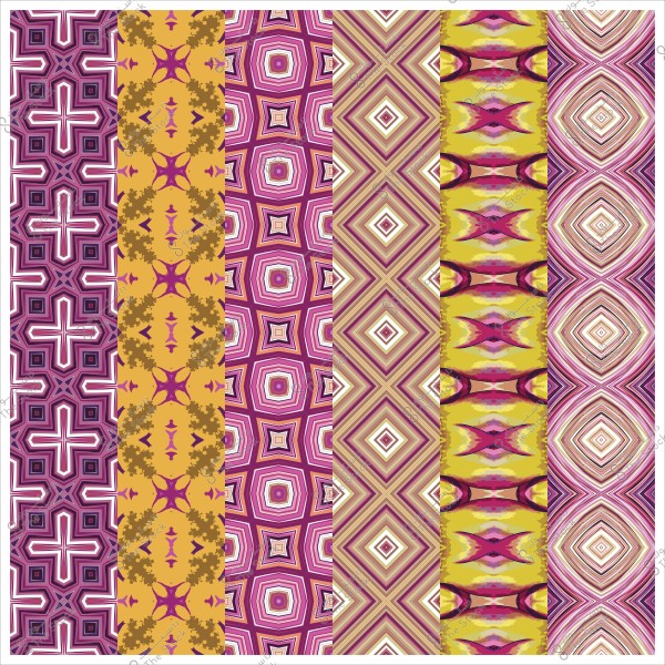 لوحة تتكون من ستة أنماط هندسية ملونة ومكررة باللونين الوردي والأصفر والأرجواني.
