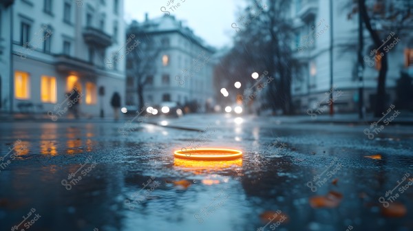 A street scene on a rainy day with reflections of lights on the wet ground. In the center of the image, there is a glowing orange ring that adds an element of mystery. Surrounding buildings have lit windows, and blurred figures are walking in the background amidst raindrops.