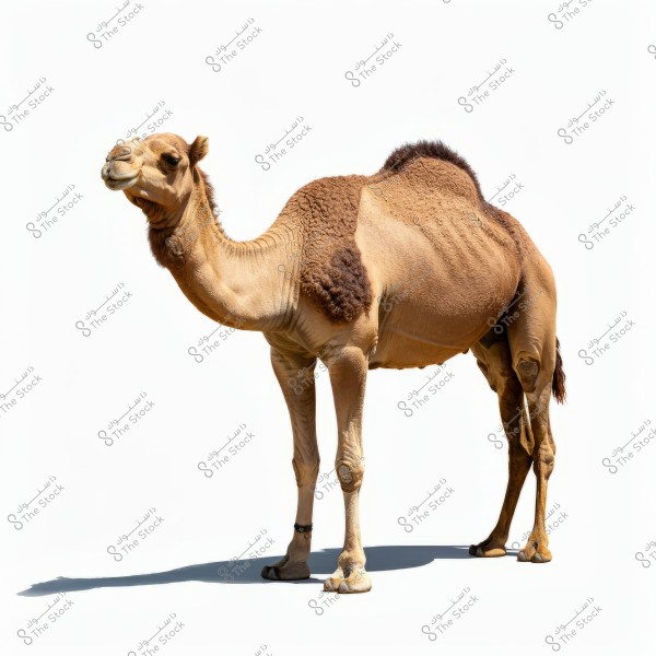 An image of a camel standing against a bright white background. The camel is in its usual brown color, with a prominent hump on its back. It has darker fur around its neck and hump.