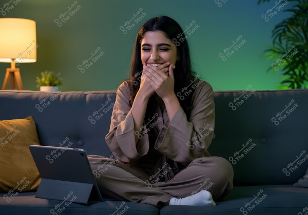 A smiling young woman sits on a sofa in a cozy living room. She is wearing dark brown loungewear and white socks. She appears entertained while looking at a tablet placed in front of her. Behind her, a lit lamp and decorative plants add a sense of warmth and comfort to the ambiance.