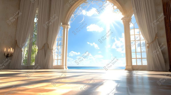 An interior scene of an elegant room where sunlight streams through a large, arch-framed window, opening to a view of a blue sky and the ocean. Luxurious white curtains are draped on either side of the windows, and rays of sunlight fall on the floor, creating beautiful light reflections. A classic chandelier and a decorated wall are visible beside the window.