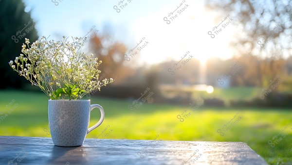An image of a white mug containing small blooming white flowers, placed on a wooden table in a garden. The background shows bright sunlight and green trees, creating a sense of relaxation and tranquility.