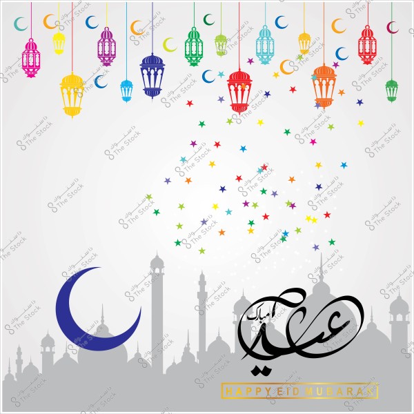 تصميم بطاقات عيد مبارك مع فوانيس ملونة وهلال وأبراج مسجد ورموز نجوم ملونة.