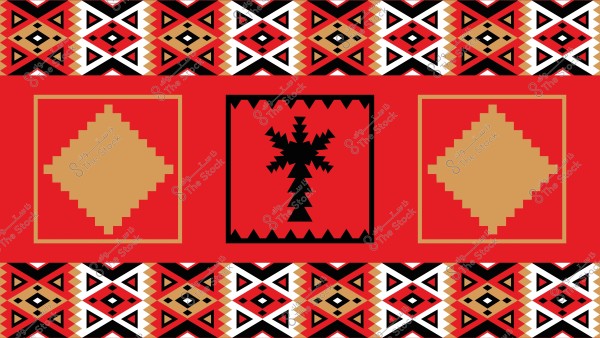 صورة تحتوي على تصميم تقليدي بنمط مزخرف يمزج بين الأشكال الهندسية باللونين الأحمر والأسود والذهبي. يظهر النمط في الوسط على شكل نخلة سوداء محاطة بإطار ذهبي مع شكل ماسي في الجانبين, وكل ذلك على خلفية حمراء زاهية.