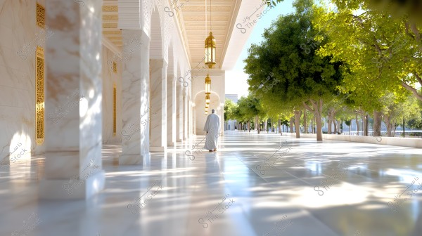 The image shows a man wearing a white robe walking in a wide outdoor corridor adorned with white marble columns and golden inscriptions. The corridor is lit with golden lanterns and surrounded by green trees. The atmosphere is calm and sunny.