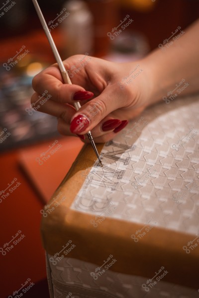 A hand holding a small brush writing on a paper filled with geometric patterns.