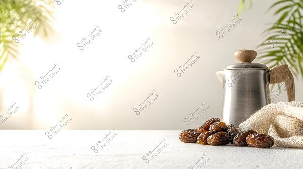 An image showing a metal coffee pot with a wooden handle placed on a white surface, alongside a cluster of shiny brown dates and a light fabric. In the background, green plant leaves are softly illuminated, creating a calm and natural atmosphere.