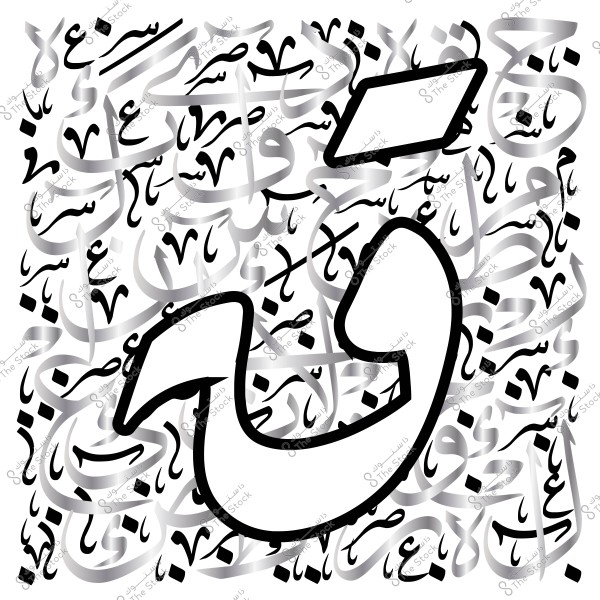 The Arabic letter \"Noon\" drawn in a large, decorative style with a background patterned with various Arabic letters.