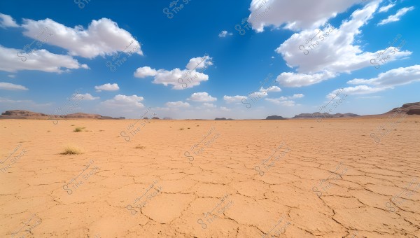 An image of a vast desert landscape under a clear blue sky with scattered white clouds. The ground appears cracked and dry with a few small green shrubs here and there. Low mountain formations are visible on the horizon.