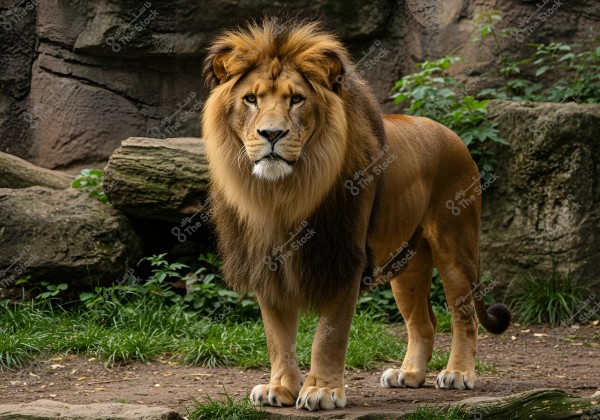 Image of an adult lion standing in a natural environment with rocks and green grass. The lion has a thick, brown mane, standing confidently and looking forward. The background includes rocks and various green plants.