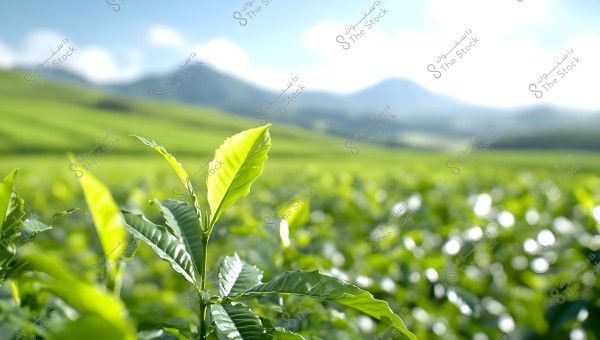 Image of a green tea plantation stretching across rolling hills on a sunny day. In the foreground, a shiny green tea leaf stands out, with smooth green hills extending behind it amidst a light hazy atmosphere. In the background, mountains appear blurred under a blue sky with scattered clouds.