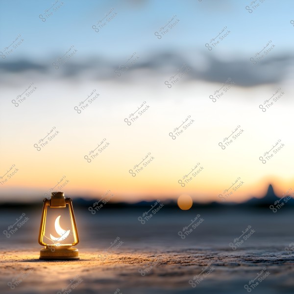 A small metallic lantern with a crescent shape inside placed on a rocky or sandy surface. The background shows a sunset scene with vibrant sky colors ranging from blue to orange, accompanied by blurry distant mountain terrain.
