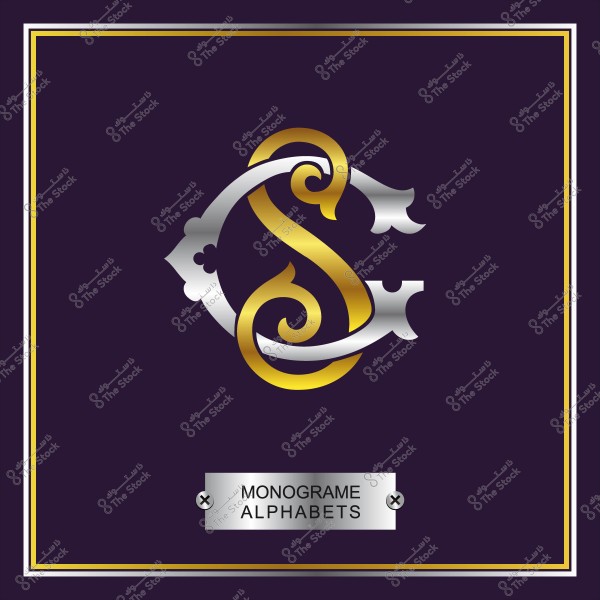 زخرفة حرف "S" بالألوان الذهبية والفضية بإطار مستطيل داكن.