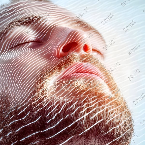 A close-up image of a bearded person with eyes closed, with lines of white light crossing their face. The focus is on the skin texture and details, while the background is blurred.