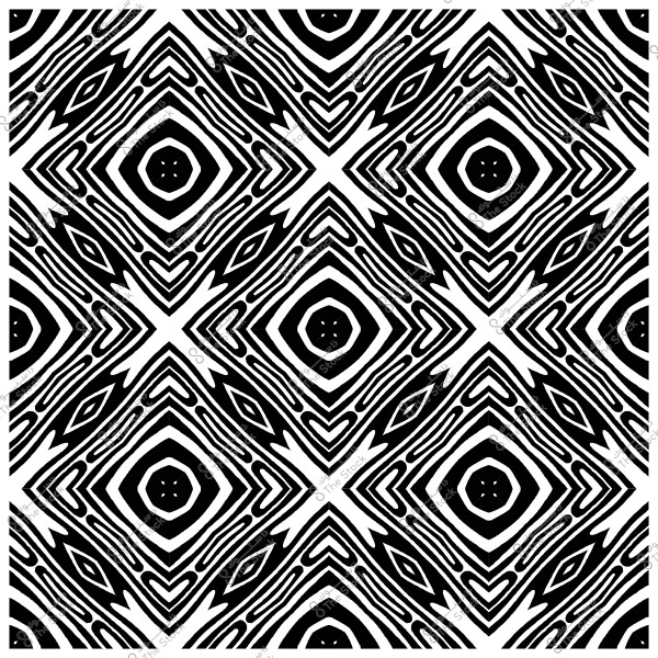 Black and white geometric pattern with a repeated diamond design featuring interlocking lines and shapes.