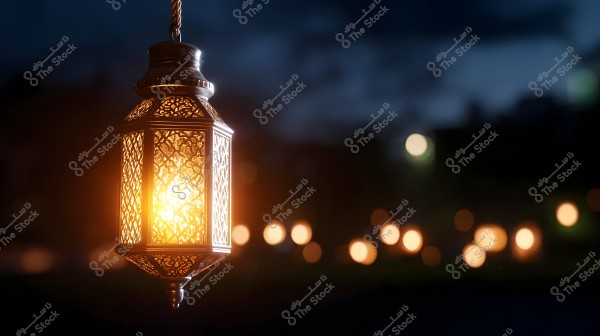 A decorative metal lantern illuminated with a warm light hangs in the night, with a blurred background showing other lights glowing in the darkness.