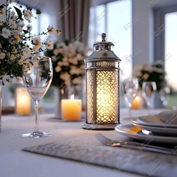 Image of an elegant dining table set with a lit metal lantern featuring Arabic patterns, surrounded by white flowers and wine glasses on a white surface. In the background, a lit candle adds a cozy and warm atmosphere to the scene.
