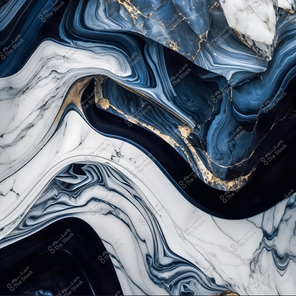 Abstract image featuring wavy color flows in dark blue and white, with touches of gold. The image resembles marble-like effects with intricate details and flowing movements suggesting natural motion.