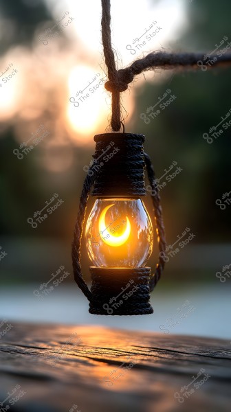 An image of a lit lantern hanging by a rope, set against a serene sunset backdrop. The golden light inside the lantern highlights a crescent shape. The background is blurred, creating a contrast between light and shadow, adding a sense of tranquility.