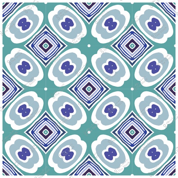 Geometric pattern with circular wavy shapes and squares in blue and white on a green background.