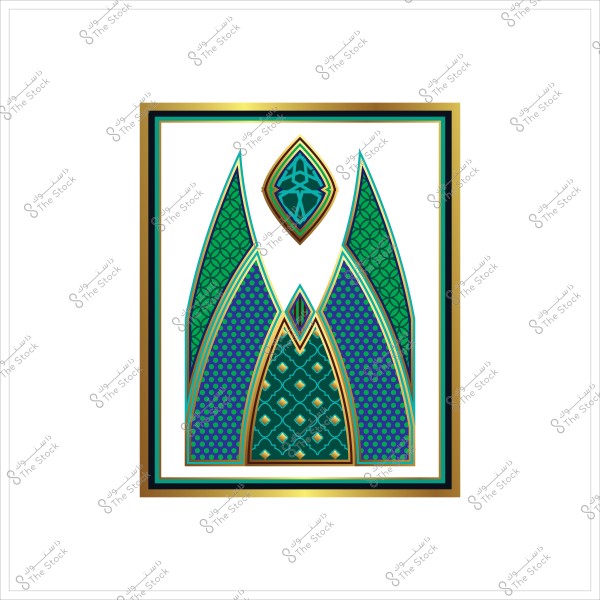 تصميم هندسي مزخرف بألوان خضراء وزرقاء مع تفاصيل ذهبية وإطار مذهب.