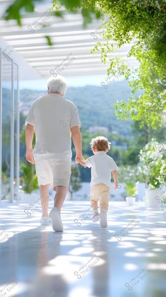 A photo of an elderly man and a young child holding hands and walking down a sunlit corridor. The man is wearing a white short-sleeved shirt and white shorts, while the child wears a white shirt and beige pants. The setting is surrounded by green plants and trees, with a scenic natural landscape and hills in the background.