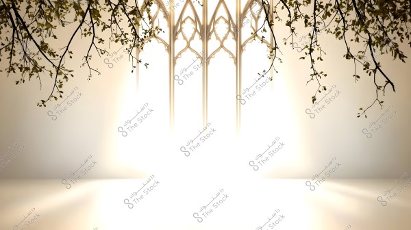 Scene depicting a background with ornate gold Gothic architecture highlighted in the center with bright lighting behind it. Tree branches hang from the top, adding a natural touch to the scene with numerous small green leaves.