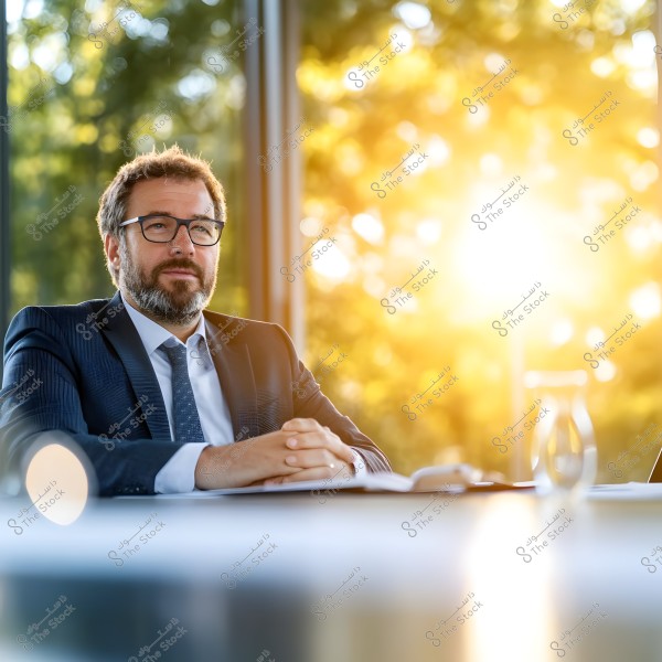 A photo of a man in a dark formal suit and tie, sitting at a table in a spacious office illuminated by bright sunlight. In the background, large glass windows reveal a vibrant, green outdoor scene. The man appears confident, looking slightly away from the camera, wearing black-framed glasses.\r\n\r\n###