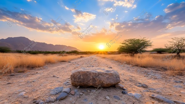A natural landscape showing a sandy path extending towards the horizon where the sun is rising between mountains. The sky is blue with scattered clouds, and there are low trees and shrubs with dry brown vegetation surrounding the path.