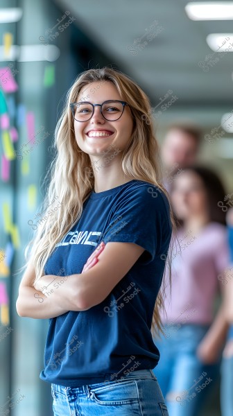 A portrait of a young woman with long blonde hair and glasses, wearing a dark blue shirt and jeans. She stands confidently with a broad smile and folded arms in a modern office environment, with colorful sticky notes on the window in the background.