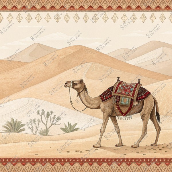 صورة فنية لجمل يسير في الصحراء مع تلال رملية في الخلفية. الجمل مزين بسرج مزخرف بألوان حمراء وخضراء وزخارف تقليدية. الأفق البعيد يضم نباتات صحراوية منخفضة, والإطار العلوي والسفلي للصورة يحويه زخارف هندسية متناسقة.